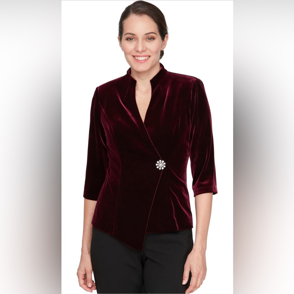 Alex Evenings Velvet Asymmetric Pointed Hem Jacket with Embellished Closure‎ XL